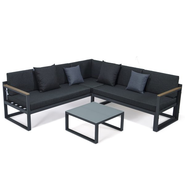 Leisuremod Chelsea Black Sectional With Adjustable Headrest & Coffee Table With Black Two Tone Cushions CSLBL-80BL-BU